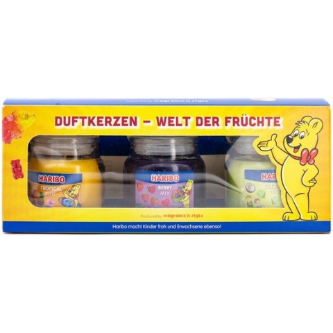 Haribo Berry Mix, Coconut Lime, Tropical Fun -geurkaarsen Cadeauset - 3x 85g