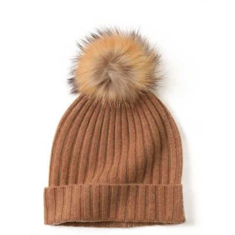 Hommard Cashmere Rib Stitch Beanie met PomPom, heren, dames, unisex, Caramel