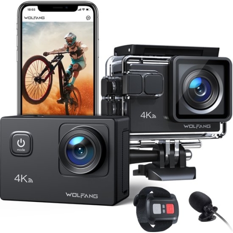 WOLFANG GA100 Action Camera - 4K 20MP - Waterdicht 40M - EIS - WiFi - Externe Microfoon - Afstandsbediening - Accessoire Kit