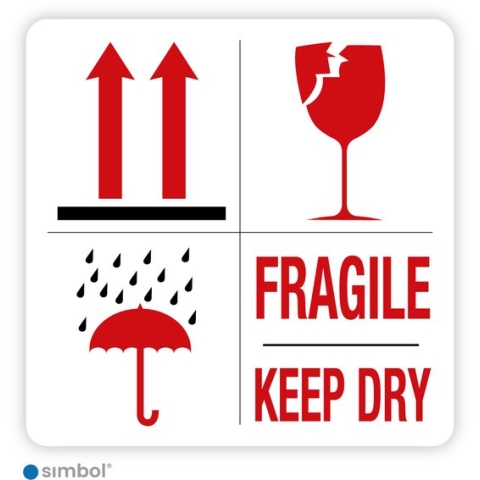 Simbol® - Stickers op Rol Fragile Keep Dry - Formaat 7 x 7 cm.