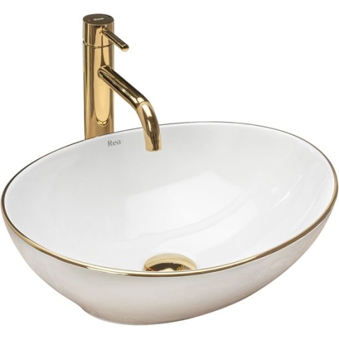 REA Sofia Opzetwastafel - Waskom - 41 x 34.5 x 15 cm - Wit met Gouden Lijn