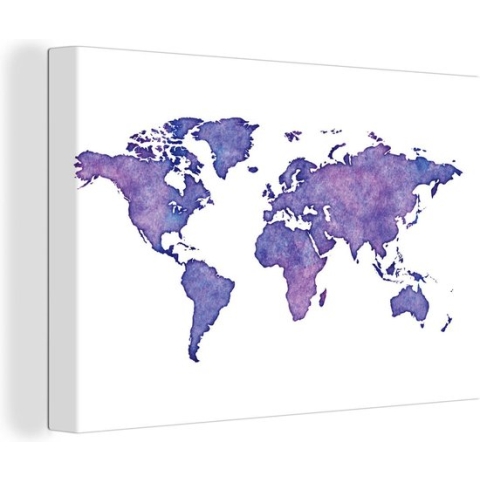 Canvas Wereldkaart - 120x80 - Wanddecoratie Wereldkaart - Waterverf - Paars