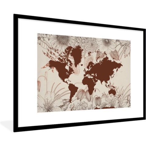 Fotolijst incl. Poster - Wereldkaart - Bloemen - Rood - 120x80 cm - Posterlijst