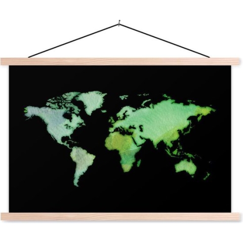 Posterhanger incl. Poster - Schoolplaat - Wereldkaart - Groen - Waterverf - 150x100 cm - Blanke latten