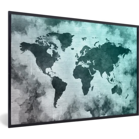 Fotolijst incl. Poster - Wereldkaart - Grijs - Blauw - 90x60 cm - Posterlijst