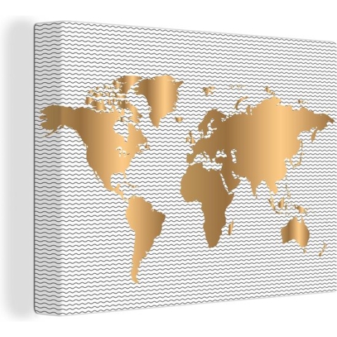 Canvas Wereldkaart - 160x120 - Wanddecoratie Wereldkaart - Goud - Golven