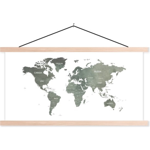 Wanddecoratie - Wereldkaart - Grijs - Design - Schoolplaat - 150x75 cm - Textielposter - Textiel poster