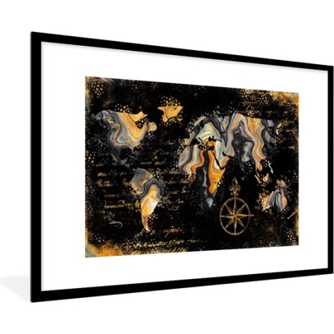 Fotolijst incl. Poster - Wereldkaart - Marmer - Goud - 120x80 cm - Posterlijst