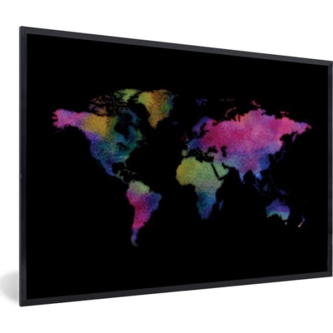 Fotolijst incl. Poster - Wereldkaart - Waterverf - Kleuren - 90x60 cm - Posterlijst