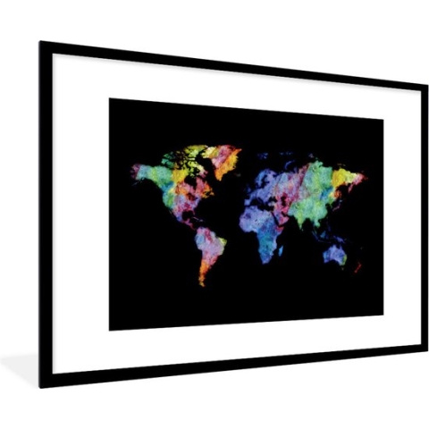 Fotolijst incl. Poster - Wereldkaart - Regenboog - Aquarel - 120x80 cm - Posterlijst