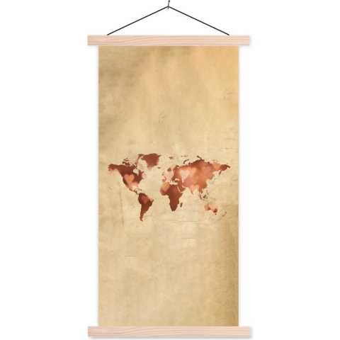 Wanddecoratie - Wereldkaart - Hart - Bruin - Schoolplaat - 90x180 cm - Textielposter - Textiel poster