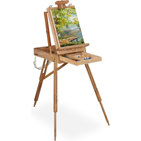 Relaxdays veldezel met kist - schildersezel - tafelezel - inklapbaar - groot - driepoot