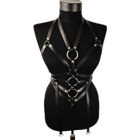 Nooitmeersaai - Harnas Vrouw - Leer - Bovenlichaam - Zwart - BDSM Extreme - Bondage Harnas
