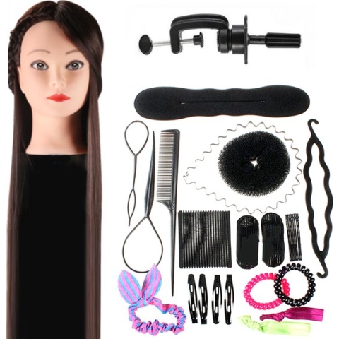 Oefenhoofd met Statief - Kappershoofd - Oefenpop Kapper - Met Styling Accessoires - Kastanjebruin Haar - 70 cm