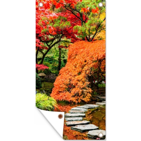 Schuttingposter Bomen - Japans - Stenen - Pad - Natuur - 100x200 cm - Tuindoek