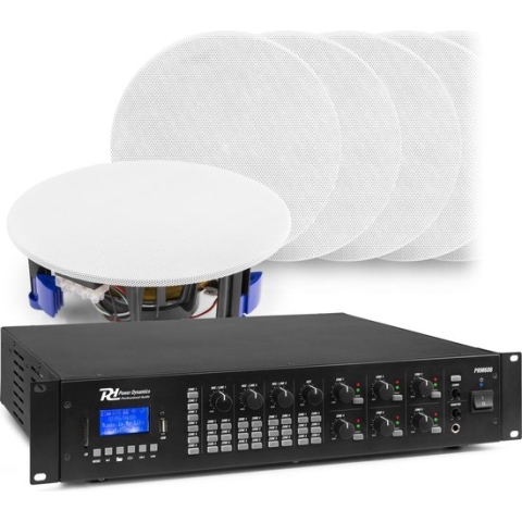 6-zone Bluetooth geluidsinstallatie van Power Dynamics - 12 witte plafondspeakers + 360W versterker