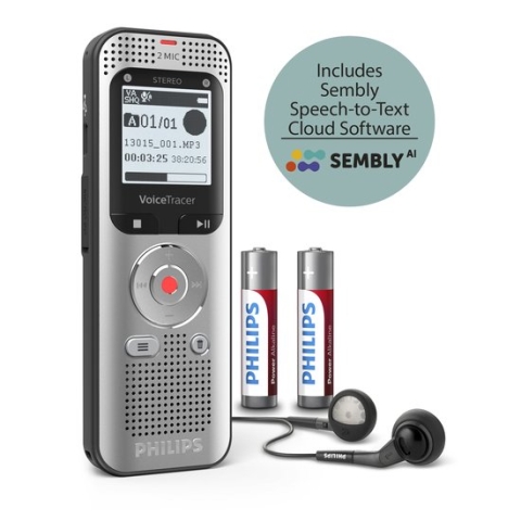Philips DVT2015 Audio recorder incl. Sembly - Stereo MP3/PCM - Sembly spraak-naar-tekst cloudsoftware/ spraakherkenning - 8GB - USB