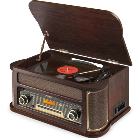 Retro platenspeler Bluetooth - Fenton Memphis - cassette, mp3 speler, FM en DAB radio - Donkerbruin