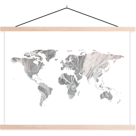 Wanddecoratie - Wereldkaart - Verf - Grijs - Schoolplaat - 120x90 cm - Textielposter - Textiel poster
