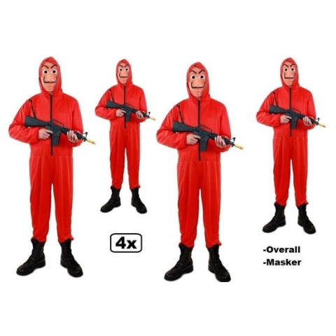 4x Rode overall met capuchon + masker+ geweer- La Casa de Papel mt.XXL