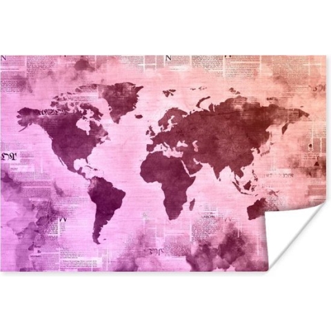 Poster Wereldkaart - Paars - Krant - 180x120 cm XXL