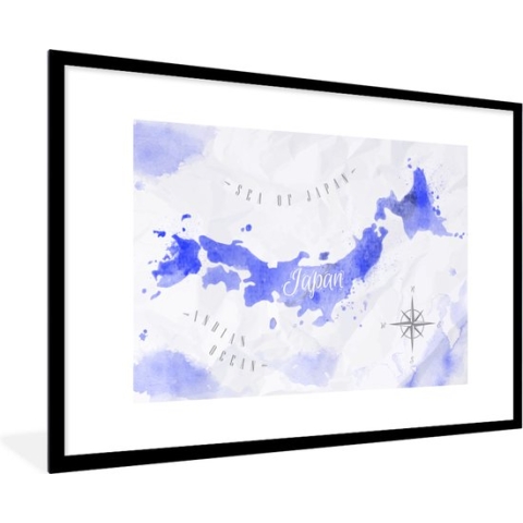 Fotolijst incl. Poster - Waterverf - Wereldkaart - Blauw - 90x60 cm - Posterlijst