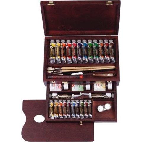 Oil Colour kist "Master" 10 x 15 ml + 12 x 40 ml + 2 x 60 ml olieverf met penselen, palet, paletdoppen en hulpmiddelen