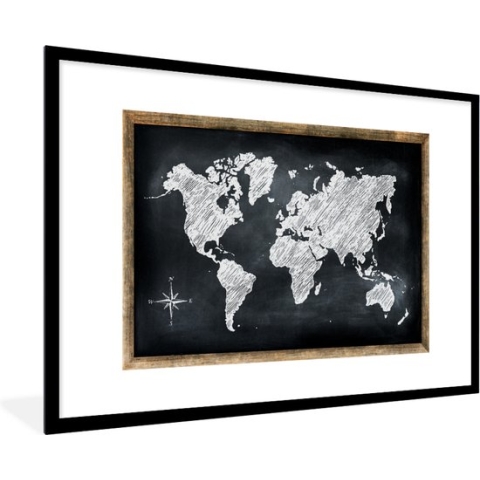 Fotolijst incl. Poster - Wereldkaart - Schoolbord - Krijt - 90x60 cm - Posterlijst
