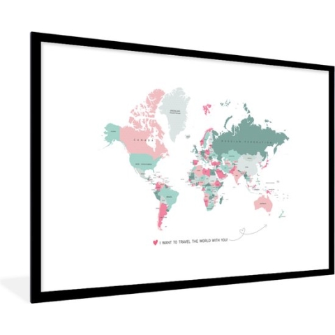 Fotolijst incl. Poster - Wereldkaart - Pastel - Topografie - 90x60 cm - Posterlijst