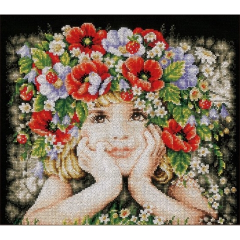 Meisje met Bloemen Aida Borduurpakket Lanarte