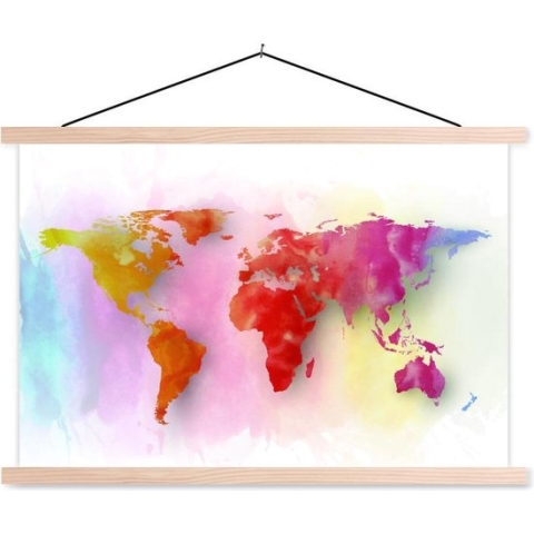 Posterhanger incl. Poster - Schoolplaat - Wereldkaart - Aquarel - Regenboog - 150x100 cm - Blanke latten