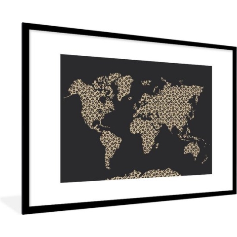 Fotolijst incl. Poster - Wereldkaart - Dierenprint - Luipaard - 90x60 cm - Posterlijst