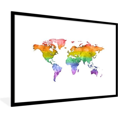 Fotolijst incl. Poster - Wereldkaart - Pride vlag - Waterverf - 90x60 cm - Posterlijst