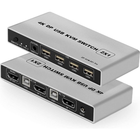 NÖRDIC KVM-101 KVM switch 2 in naar 1 uit - 2x PC naar 1x DP 1.2 4K60Hz - 3x USB - Grijs