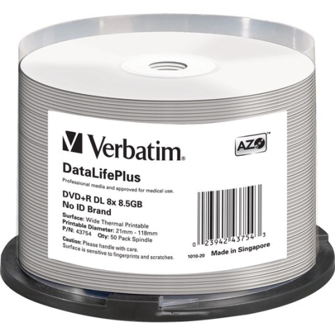 Verbatim DVD+R 8,5Gb=Dual Layer 8x wide thermal printable, Cakebox van 50 stuks(43754)