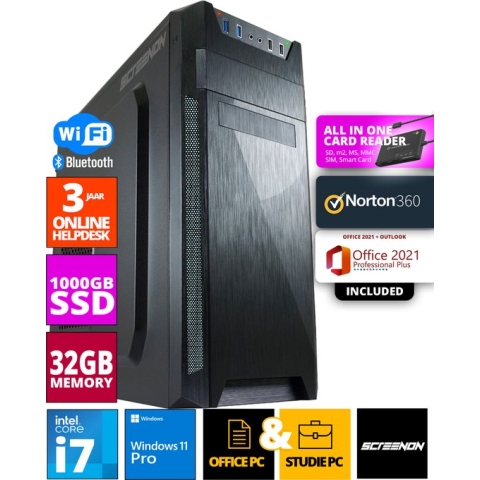 ScreenON - Intel Core i7 - 1TB M.2 SSD - 32GB RAM - RTX 3060 - Allround Office PC - Inclusief Office Professional Plus 2021, Norton 360 & USB SD Card Reader + WiFi & Bluetooth