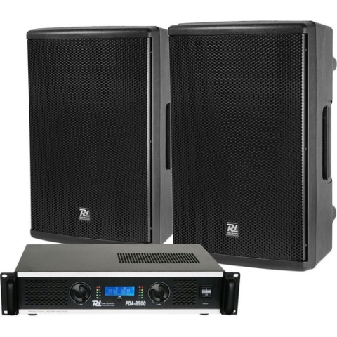 Power Dynamics complete geluidsinstallatie met PD412P speakers en PDA-B500 versterker
