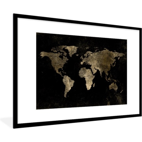 Fotolijst incl. Poster - Wereldkaart - Zwart - Goud - 90x60 cm - Posterlijst