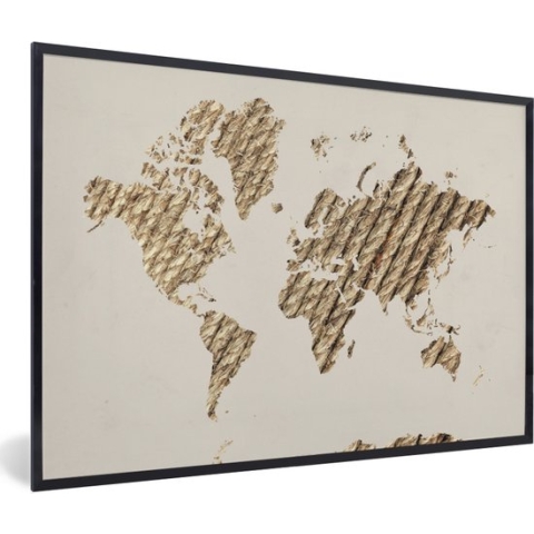 Fotolijst incl. Poster - Wereldkaart - Touw - Bruin - 120x80 cm - Posterlijst