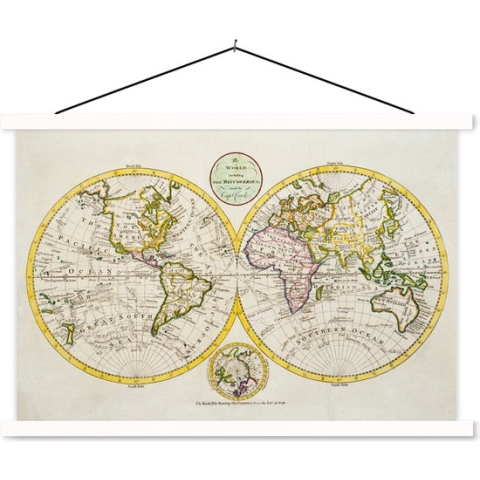 Schoolplaat - Wereldkaart - Vintage - Kleuren - 150x100 cm - Textielposter Witte latten - Textiel poster