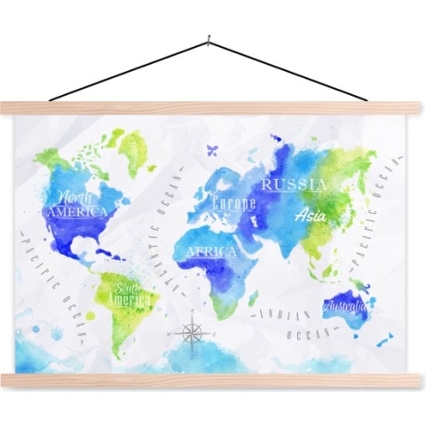 Posterhanger incl. Poster - Schoolplaat - Wereldkaart - Waterverf - Groen - Blauw - 120x80 cm - Blanke latten