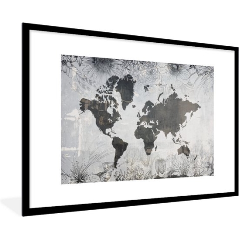 Fotolijst incl. Poster - Wereldkaart - Bloemen - Hout - 90x60 cm - Posterlijst