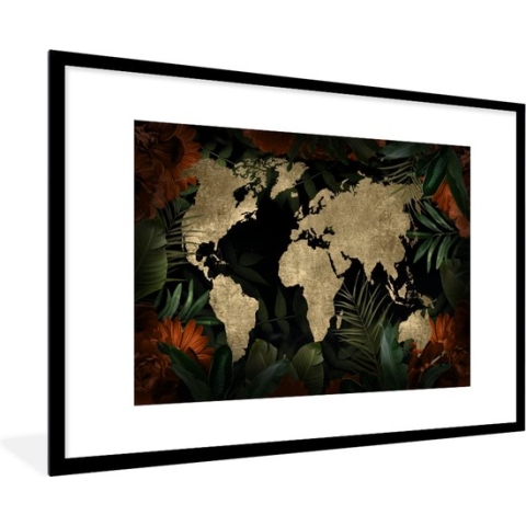 Fotolijst incl. Poster - Wereldkaart - Vintage - Bladeren - 90x60 cm - Posterlijst