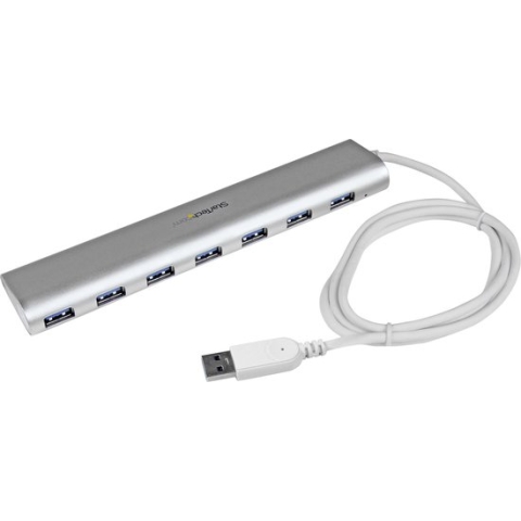 7 Poorts compacte aluminium USB 3.0 hub met geintegreerde kabel - zilver