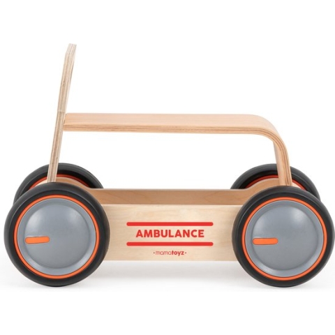 Mamatoyz Eco Looptrainer Loopauto Hout Naturel Logo Ambulance met Opbergruimte