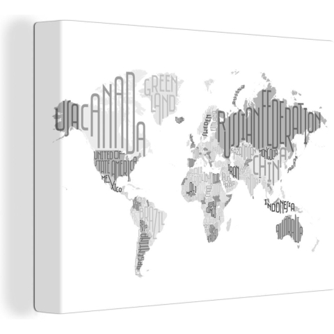 Canvas Wereldkaart - 160x120 - Wanddecoratie Wereldkaart - Letters - Grijs