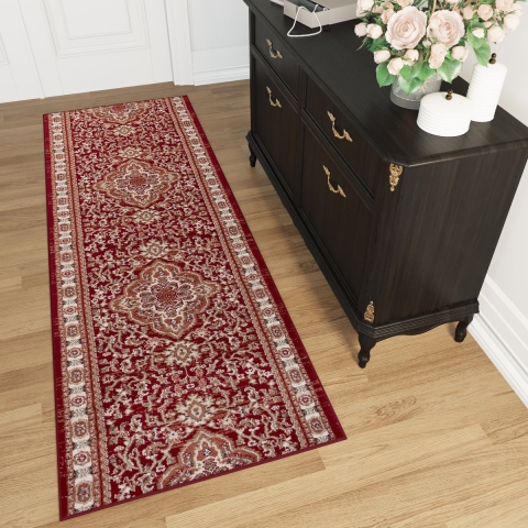 Tapiso Colorado Tapijt Loper Rood Medaillon Woonkamer Slaapkamer Hal Maat - 90x800