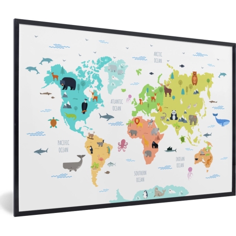 Fotolijst incl. Poster - Wereldkaart - Dieren - Kinderen - 120x80 cm - Posterlijst