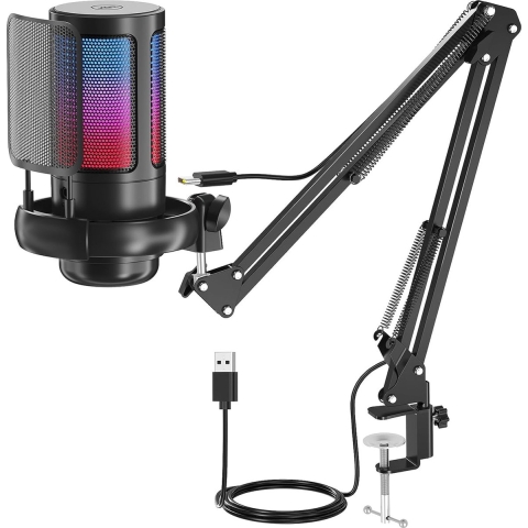 Strolox® Microfoon met arm - USB - gaming - RGB Condensatormicrofoon - met Mute-Knop, Popfilter, Microfoonarm - Luxe microfoon