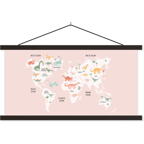 Wanddecoratie - Kinderkamer - Wereldkaart - Dino - Schoolplaat - 150x75 cm - Textielposter - Textiel poster